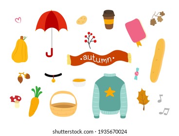 Collection of autumn attributes, fall season background, autumn elements. Vector illustration.