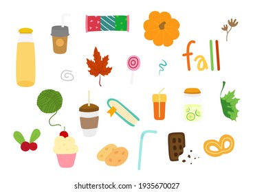 Collection of autumn attributes, fall season background, autumn elements. Vector illustration.