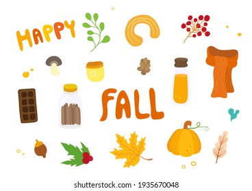 Collection of autumn attributes, fall season background, autumn elements. Vector illustration.