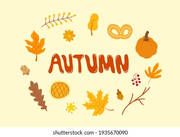 Collection of autumn attributes, fall season background, autumn elements. Vector illustration.