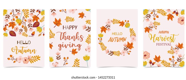 Collection of autumn background set with gold geometric,leaves,flower,wreath.Vector illustration for invitation,postcard and sticker.Editable element