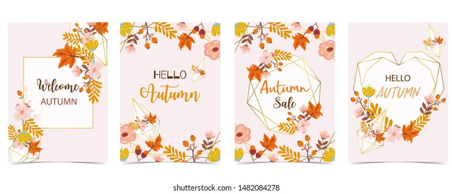 Collection of autumn background set with gold geometric,leaves,flower,wreath.Vector illustration for invitation,postcard and sticker.Editable element