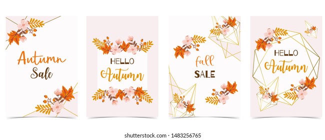 Collection of autumn background set with gold geometric,leaves,flower,wreath.Vector illustration for invitation,postcard and sticker.Editable element