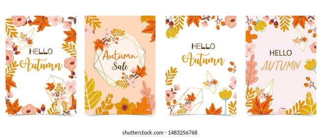 Collection of autumn background set with gold geometric,leaves,flower,wreath.Vector illustration for invitation,postcard and sticker.Editable element