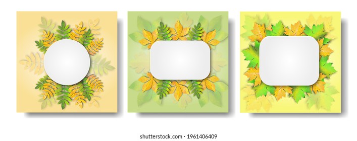 Collection of autumn backgrounds. Set with watercolor leaves. Vector illustration for invitation, postcard and posters. Editable element