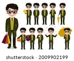 Collection of Autumn boy cartoon character outdoor activities with Green long coat , isolated cartoon on white background vector illustration