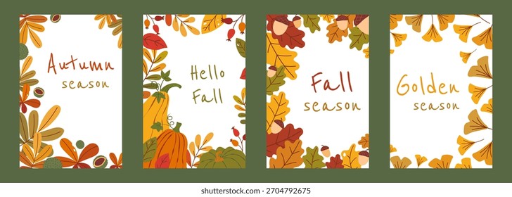 Colección de tarjetas de otoño con diferentes hojas que caen, calabazas, bellotas, castaño en colores naranja, amarillo y verde. Ilustración plana. Plantilla con el texto para la invitación, cartel, tarjeta