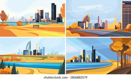 Collection of autumn cityscapes. Beautiful urban sceneries.