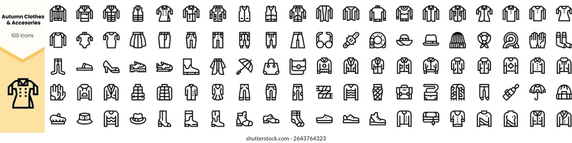 A collection of autumn clothing and accessories icons in a minimalist design. Items include jackets, hats, and boots, perfect for the fall season.
