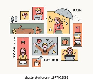 Collection of autumn collage illustrations. flat design vector minimal style.