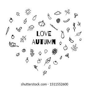 Collection of autumn  doodles. Fall harvest, love autumn. Vector stock set. Cute icons for postcards, greetings, cards, logo, coloring book. Food background. Hand drawn design elements. 