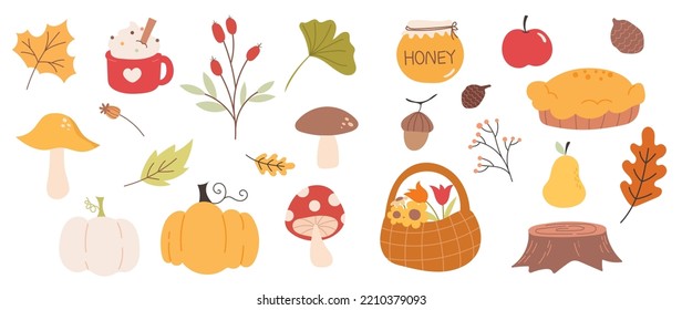 Collection of autumn element vector. Set of floral, wild flowers, leaf branches, foliage, maple, pumpkin, pie, mushroom. Hand drawn of autumn foliage design for decorative, print, graphic, card.