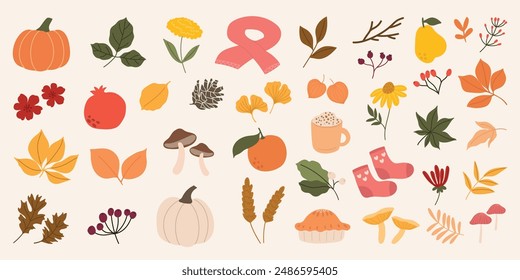 Collection of autumn element vector. Set of flowers, oak, maple, ginkgo leaf, berry, mushroom, acorn, pumpkin, sock, coffee. Hand drawn of autumn foliage design for decorative, print, graphic, card.