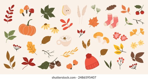 Collection of autumn element vector. Set of flowers, oak, maple, ginkgo leaf, berry, mushroom, acorn, pumpkin, sock, coffee. Hand drawn of autumn foliage design for decorative, print, graphic, card.