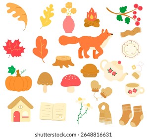 coleção de elementos de outono no estilo de ilustração plana, como folhas, abóbora, cogumelos, cachecol, bule, xícara de chá, prato, saco de chá, flor de camomila, casa, meias, coto de árvore, lobo, fogueira