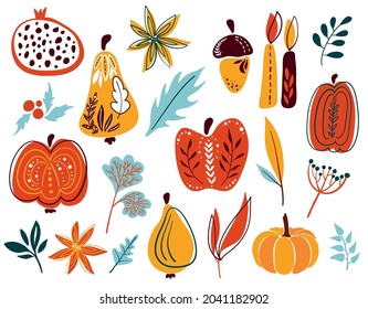 collection of autumn elements of nature, set of vector illustrations, abstract autumn elements, freehand drawing for design in doodle style