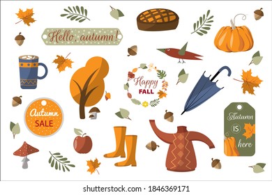 Collection of autumn elements. Set of autumn signs. Sticker, label, tag, sweater, tree, umbrella, cocoa, pie, pumpkin, mushrooms, boots, orange leaves