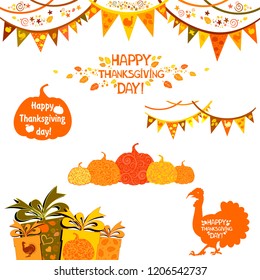 Collection of autumn elements and typography lattering phrases. Thanksgiving day set. Symbol design elements isolated on White background.  illustration