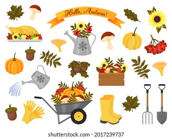 colección de elementos del otoño. Ilustración vectorial. estilo de dibujos animados. Iconos aislados en blanco.