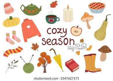 Collection of autumn elements. Warm sweater, cozy candles, leaves, pie, mushrooms, pumpkins. Fall clip art. Vector flat design