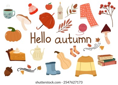 Collection of autumn elements. Warm sweater, cozy candles, leaves, pie, mushrooms, pumpkins. Fall clip art. Vector flat design