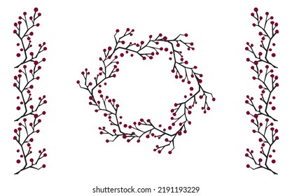Collection of autumn exotic leaves. Ethnic poster with a floral pattern. A banner with a border, a wreath of branches and berries.  Falling leaf background with oak. Foliage of maple, chestnut, linden