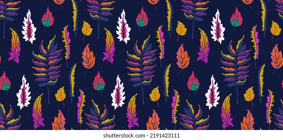 Collection of autumn exotic leaves. Ethnic poster with a floral pattern. A banner with a border, a wreath of branches and berries.  Falling leaf background with oak. Foliage of maple, chestnut, linden