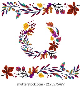 Collection of autumn exotic leaves. Ethnic poster with a floral pattern. A banner with a border, a wreath of branches and berries. Falling leaf background with oak. Foliage of maple, chestnut, linden,