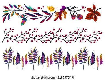 Collection of autumn exotic leaves. Ethnic poster with a floral pattern. A banner with a border, a wreath of branches and berries. Falling leaf background with oak. Foliage of maple, chestnut, linden,