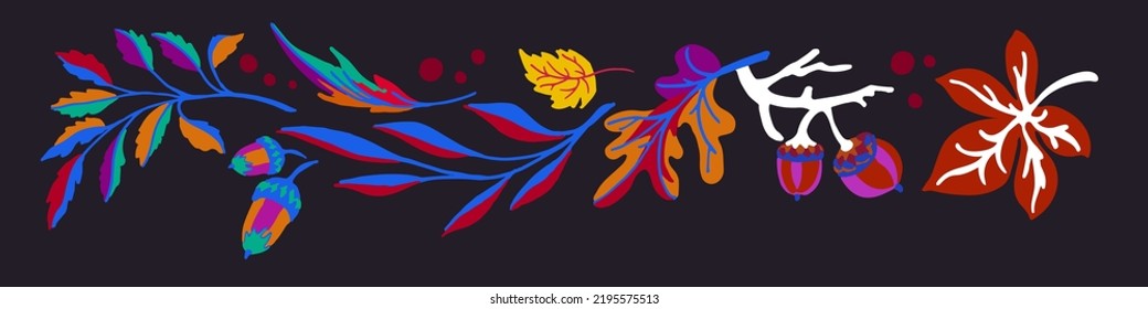 Collection of autumn exotic leaves. Ethnic poster with a floral pattern. A banner with a border, a wreath of branches and berries. Falling leaf background with oak. Foliage of maple, chestnut, linden,