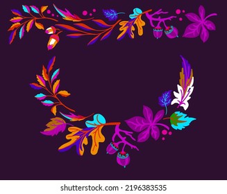 Collection of autumn exotic leaves. Ethnic poster with a floral pattern. A banner with a border, a wreath of branches and berries. Falling leaf background with oak. Foliage of maple, chestnut, linden,