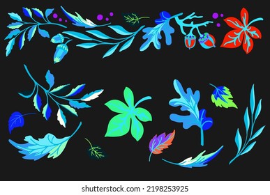 Collection of autumn exotic leaves. Ethnic poster with a floral pattern. A banner with a border, a wreath of branches and berries. Falling leaf background with oak. Foliage of maple, chestnut, linden,