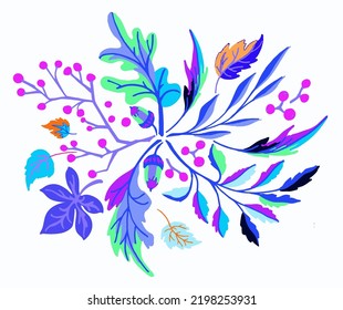 Collection of autumn exotic leaves. Ethnic poster with a floral pattern. A banner with a border, a wreath of branches and berries. Falling leaf background with oak. Foliage of maple, chestnut, linden,