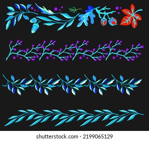 Collection of autumn exotic leaves. Ethnic poster with a floral pattern. A banner with a border, a wreath of branches and berries. Falling leaf background with oak. Foliage of maple, chestnut, linden,