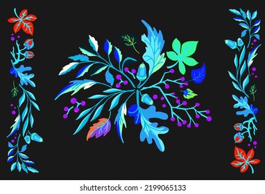 Collection of autumn exotic leaves. Ethnic poster with a floral pattern. A banner with a border, a wreath of branches and berries. Falling leaf background with oak. Foliage of maple, chestnut, linden,
