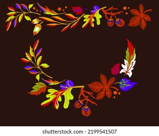 Collection of autumn exotic leaves. Ethnic poster with a floral pattern. A banner with a border, a wreath of branches and berries. Falling leaf background with oak. Foliage of maple, chestnut, linden,