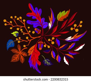 Collection of autumn exotic leaves. Ethnic poster with a floral pattern. A banner with a border, a wreath of branches and berries. Falling leaf background with oak. Foliage of maple, chestnut, linden,