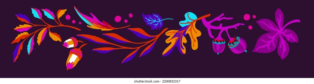 Collection of autumn exotic leaves. Ethnic poster with a floral pattern. A banner with a border, a wreath of branches and berries. Falling leaf background with oak. Foliage of maple, chestnut, linden,