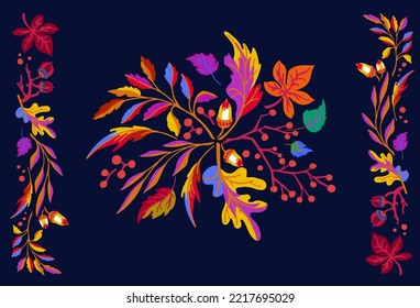 Collection of autumn exotic leaves. Ethnic poster with a floral pattern. A banner with a border, a wreath of branches and berries. Falling leaf background with oak. Foliage of maple, chestnut, linden,