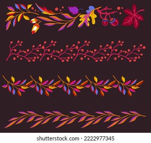 Collection of autumn exotic leaves. Ethnic poster with a floral pattern. A banner with a border, a wreath of branches and berries. Falling leaf background with oak. Foliage of maple, chestnut, linden,