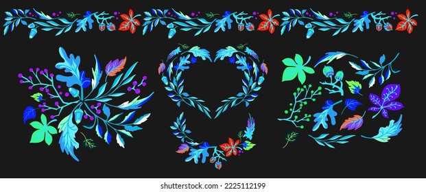 Collection of autumn exotic leaves. Ethnic poster with a floral pattern. A banner with a border, a wreath of branches and berries. Falling leaf background with oak. Foliage of maple, chestnut, linden,