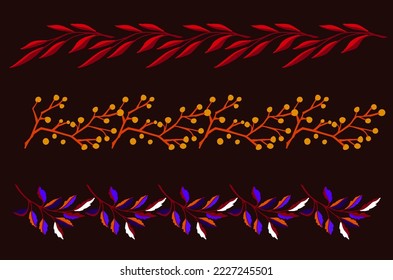 Collection of autumn exotic leaves. Ethnic poster with a floral pattern. A banner with a border, a wreath of branches and berries. Falling leaf background with oak. Foliage of maple, chestnut, linden,