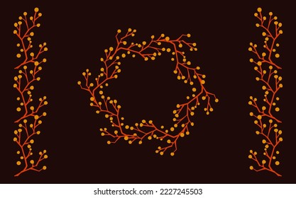 Collection of autumn exotic leaves. Ethnic poster with a floral pattern. A banner with a border, a wreath of branches and berries. Falling leaf background with oak. Foliage of maple, chestnut, linden,