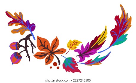 Collection of autumn exotic leaves. Ethnic poster with a floral pattern. A banner with a border, a wreath of branches and berries. Falling leaf background with oak. Foliage of maple, chestnut, linden,