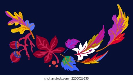 Collection of autumn exotic leaves. Ethnic poster with a floral pattern. A banner with a border, a wreath of branches and berries. Falling leaf background with oak. Foliage of maple, chestnut, linden,