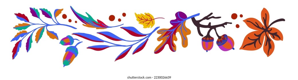 Collection of autumn exotic leaves. Ethnic poster with a floral pattern. A banner with a border, a wreath of branches and berries. Falling leaf background with oak. Foliage of maple, chestnut, linden,