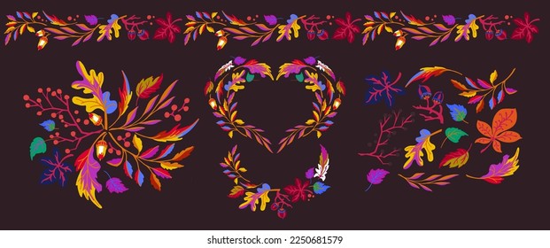 Collection of autumn exotic leaves. Ethnic poster with a floral pattern. A banner with a border, a wreath of branches and berries. Falling leaf background with oak. Foliage of maple, chestnut, linden,