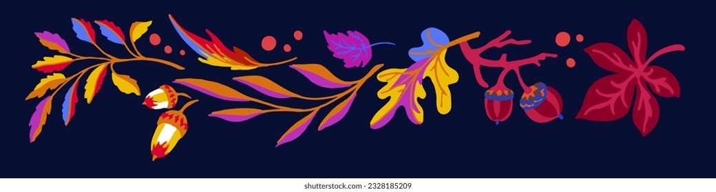 Collection of autumn exotic leaves. Ethnic poster with a floral pattern. A banner with a border, a wreath of branches and berries. Falling leaf background with oak. Foliage of maple, chestnut, linden,