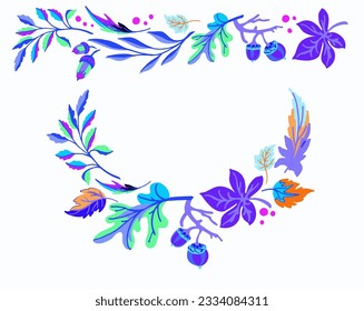 Collection of autumn exotic leaves. Ethnic poster with a floral pattern. A banner with a border, a wreath of branches and berries. Falling leaf background with oak. Foliage of maple, chestnut, linden,