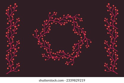 Collection of autumn exotic leaves. Ethnic poster with a floral pattern. A banner with a border, a wreath of branches and berries. Falling leaf background with oak. Foliage of maple, chestnut, linden,